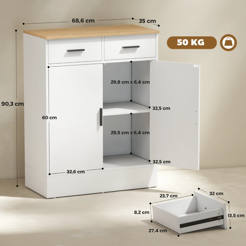 HOMCOM Sideboard mit Stauraum, Kommode mit 2 Schubladen, verstellbares Regal, für Küche, Wohnzimmer, Flur, Naturholz, Weiß