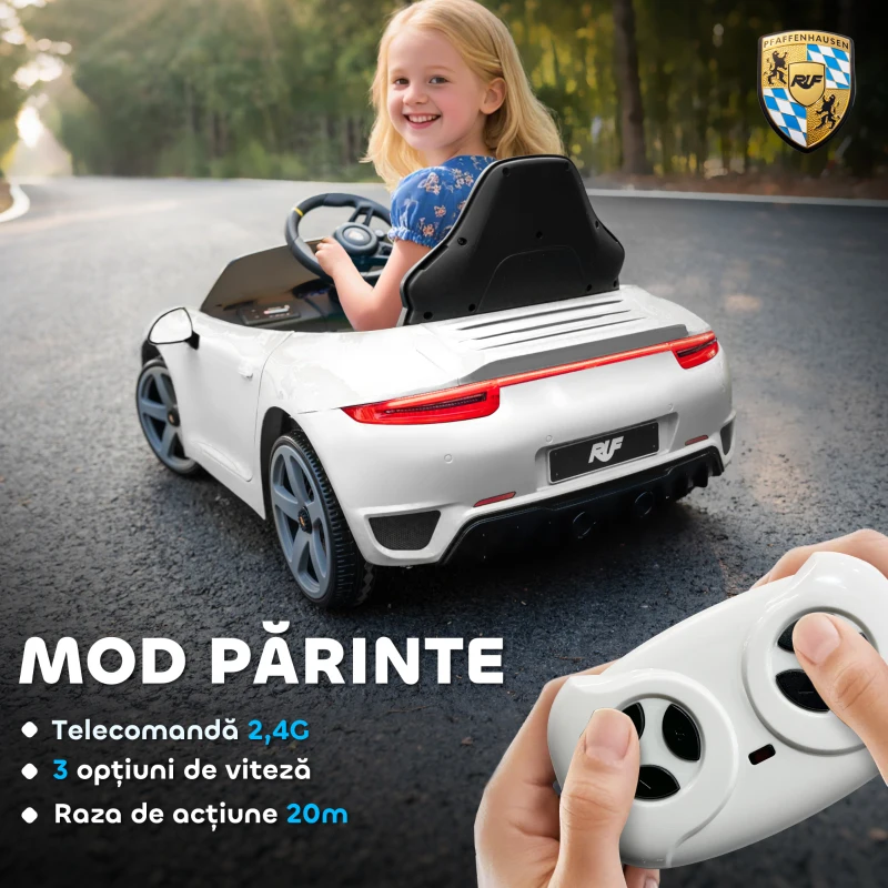 AIYAPLAY Mașină pentru Copii 3-5 Ani cu Licență Oficială RUF GT, Telecomandă, Centură de Siguranță și Muzică, Alb