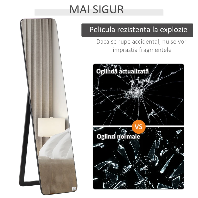 HOMCOM Oglindă de Podea și de Perete cu Cadru din Lemn și Suport Pliabil, 37x43x156 cm, Negru