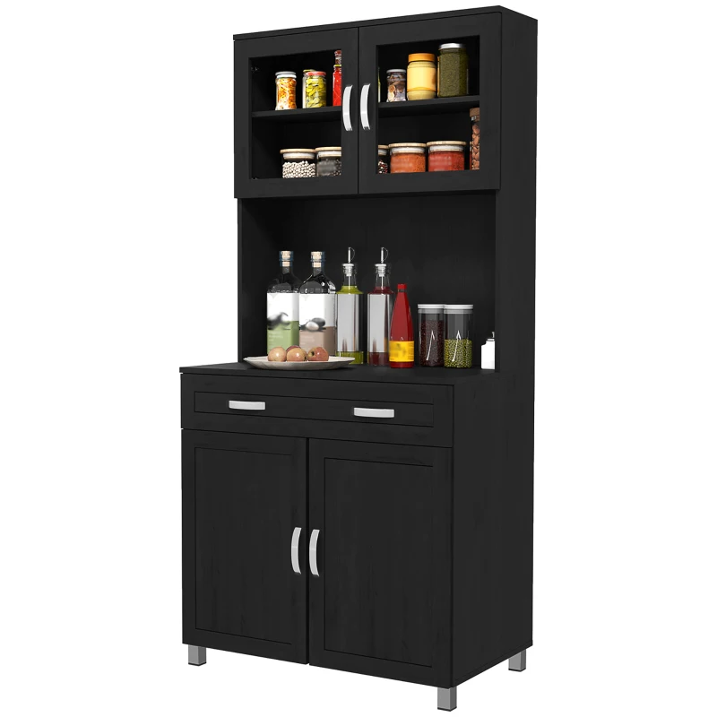HOMCOM Buffet haut cuisine, armoire de cuisine avec 4 portes, tiroir, plan de travail, étagères réglables, 80x48x170cm, noir