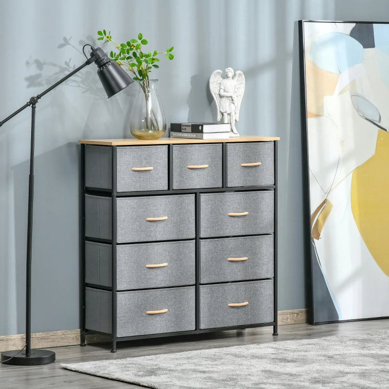 HOMCOM Commode 9 tiroirs meuble de rangement tiroir en tissu pliant - structure acier noir - 100 x 30 x 100 cm, chêne et gris