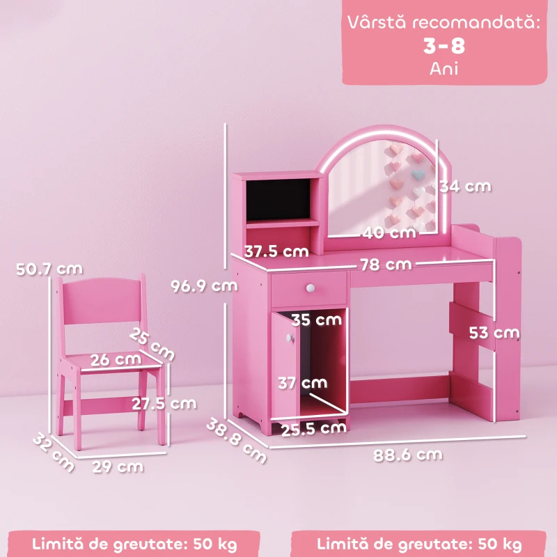 AIYAPLAY Set Măsuță de Machiaj pentru Copii 3-8 Ani 2 în 1 cu Oglindă și Scaun, Roz