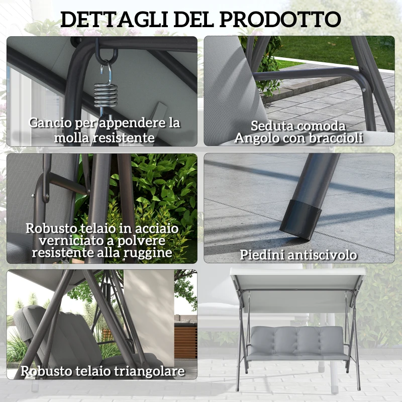 Outsunny Dondolo da Giardino 3 Posti con Tettuccio Regolabile e Cuscini, 172x110x156 cm, Grigio Chiaro