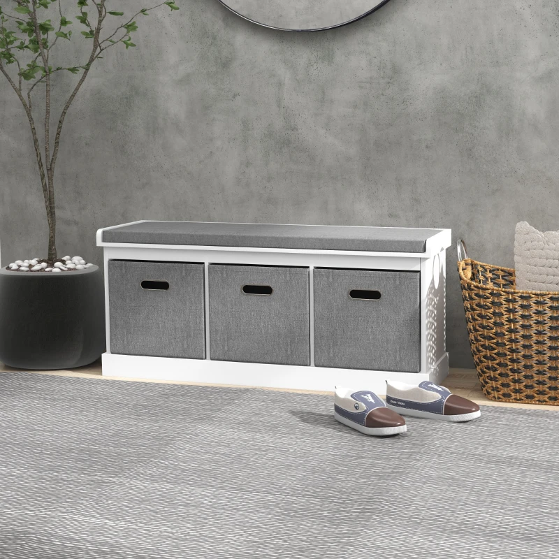 HOMCOM Bancă pentru Pantofi din Lemn cu 3 Sertare și Șezut Tapițat din Material Textil pentru 3 Perechi de Pantofi, 105x35x47 cm, Alb