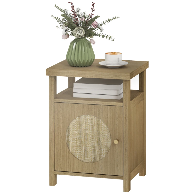 HOMCOM Mesita de Noche con Puerta de Ratán Mesilla de Noche con Estante Abierto y Compartimento 40x35x55 cm Madera Natural