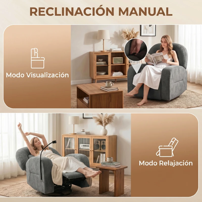 HOMCOM Sillón Relax Reclinable 3 en 1 con Función Mecedora Giratorio 360° Soporte para Teléfono Asiento Amplio Gris