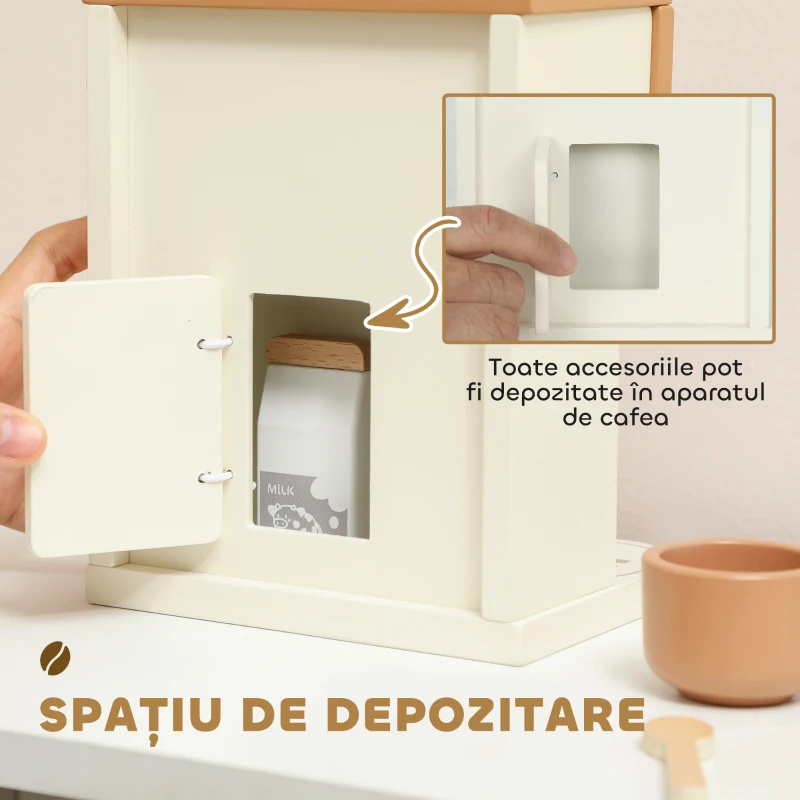 AIYAPLAY Set Mașină de Cafea din Lemn pentru Copii de la 3 Ani cu Accesorii, Maro