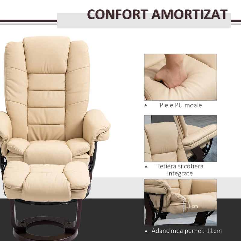 HOMCOM Set Fotoliu Relax și Pouf pentru Picioare, Rotativ la 360° si Reclinabil, Imitatie de piele PU cu Suport pentru Cap si Brate, Bej