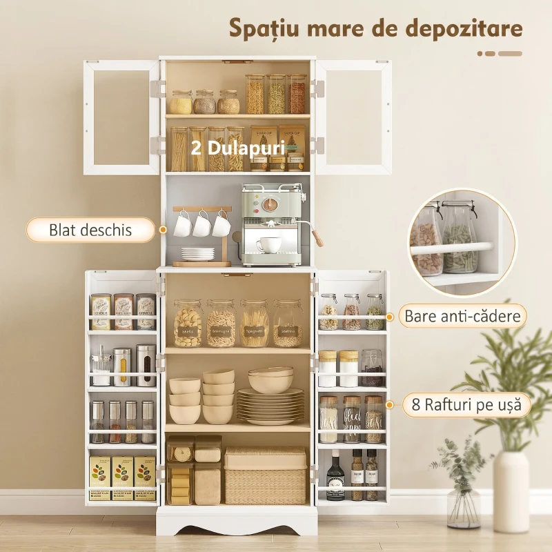 HOMCOM Mobilă de Depozitare pentru Bucătărie cu 2 Dulapuri și 8 Rafturi, din Lemn și Acrilic, 60x39.5x179.6 cm, Alb