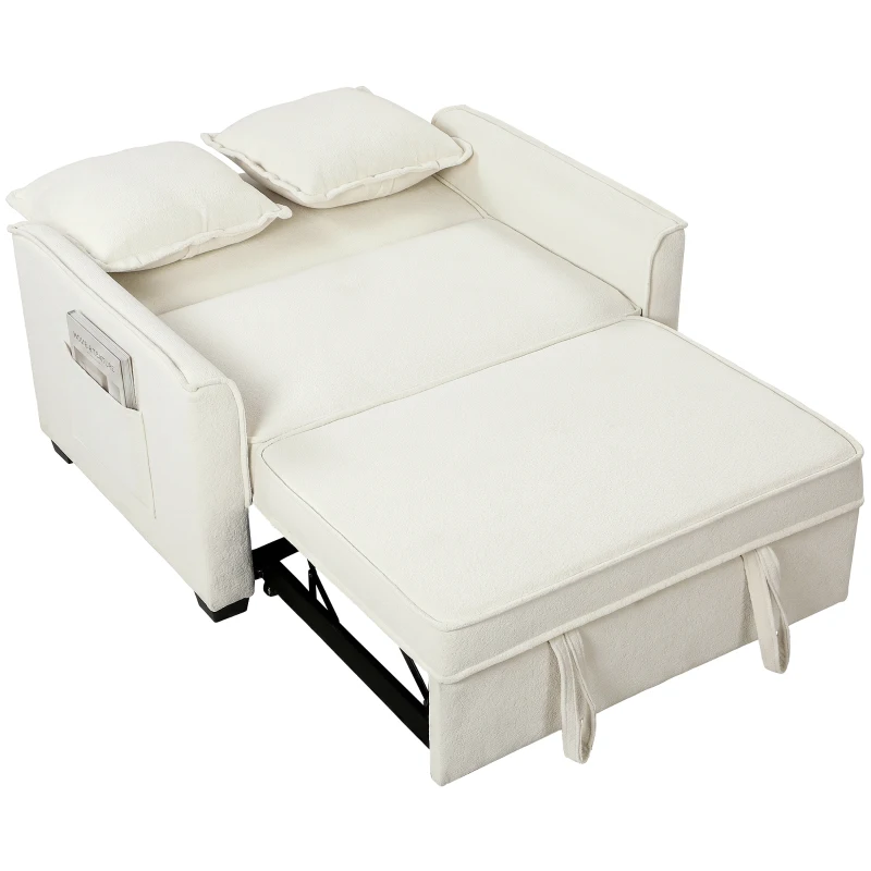HOMCOM Sofá Cama 2 Plazas 3 en 1 con Respaldo Ajustable Bolsillos Laterales 2 Almohadas para Sala de Estar Blanco Crema