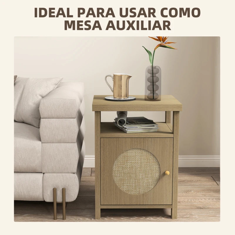 HOMCOM Mesita de Noche con Puerta de Ratán Mesilla de Noche con Estante Abierto y Compartimento 40x35x55 cm Madera Natural