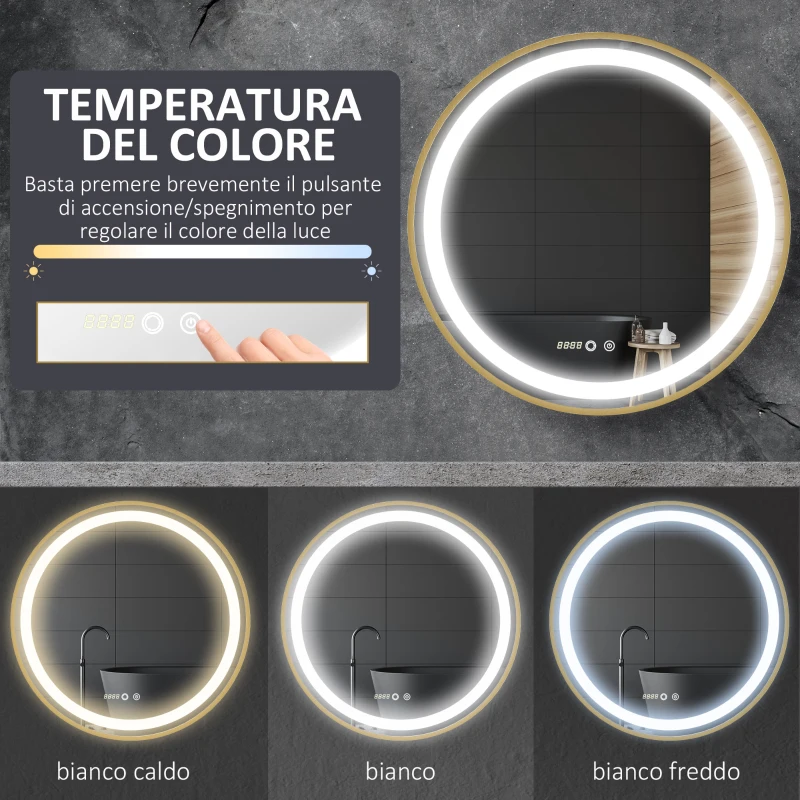 kleankin Specchio Bagno con Luce LED, Luminosità Regolabile a 3 Tonalità e Funzione Memoria, Ø60 cm, Oro