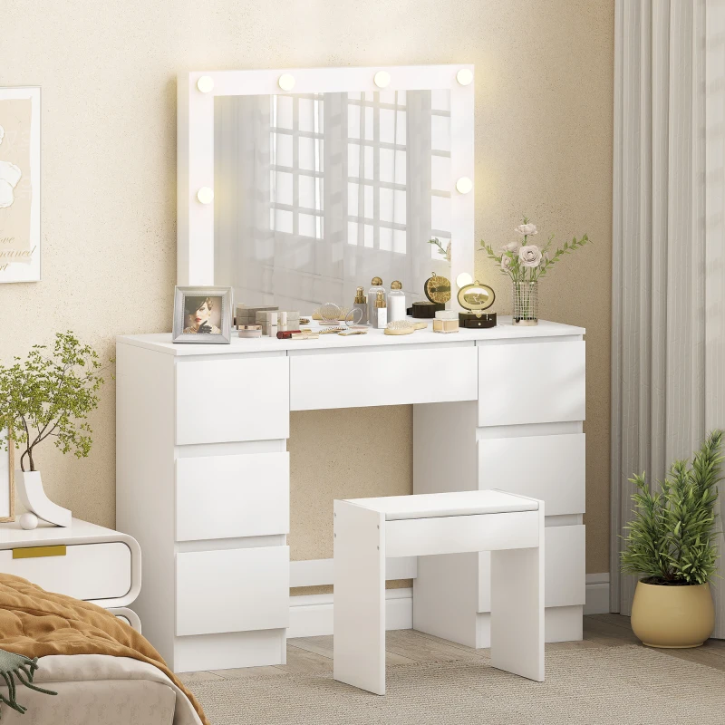 HOMCOM Masă de Toaletă pentru Machiaj cu Oglindă, Design Hollywood, 8 Lămpi LED, 7 Sertare și Taburet Tapițat, Alb