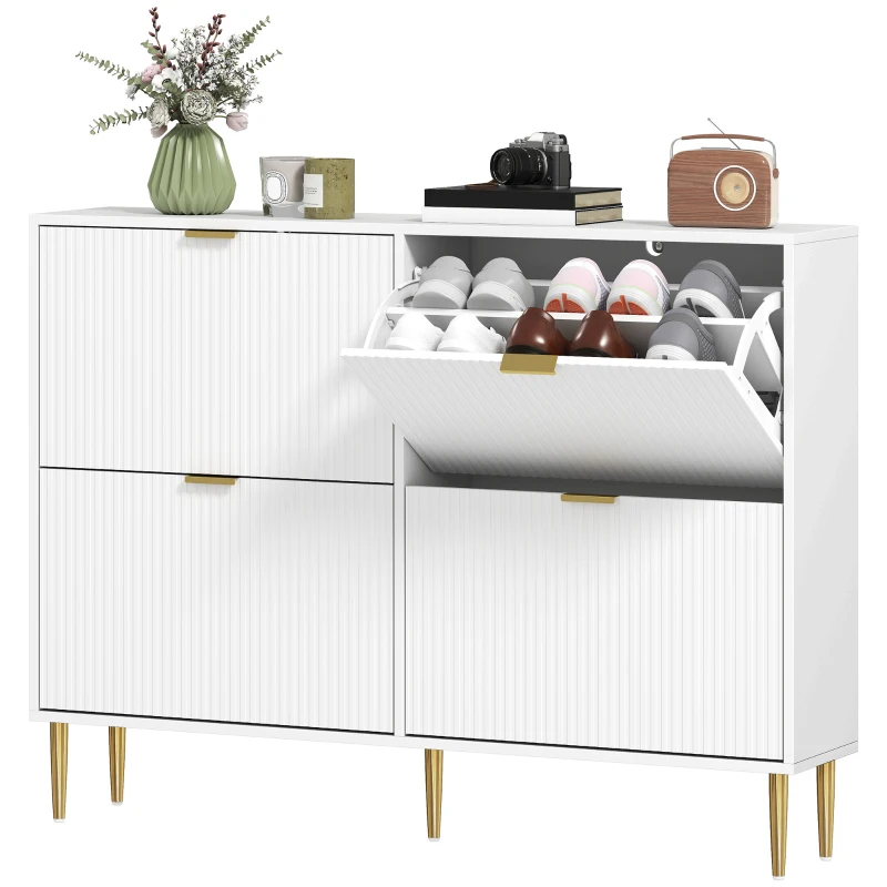 HOMCOM Zapatero Estrecho con 4 Puertas Acanaladas con Estantes Ajustables para 20 Pares de Zapatos 105x24x91,5 cm Blanco