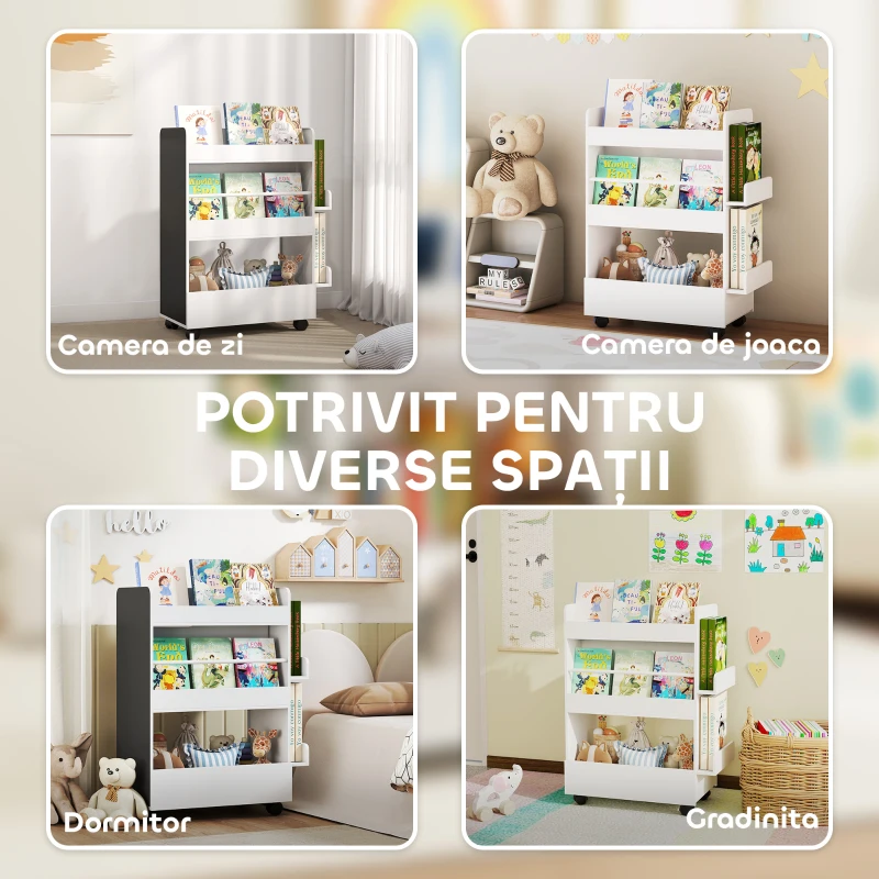 AIYAPLAY Bibliotecă pentru copii 3-8 ani, raft dublu pentru depozitare cu roți și tablă neagră, alb