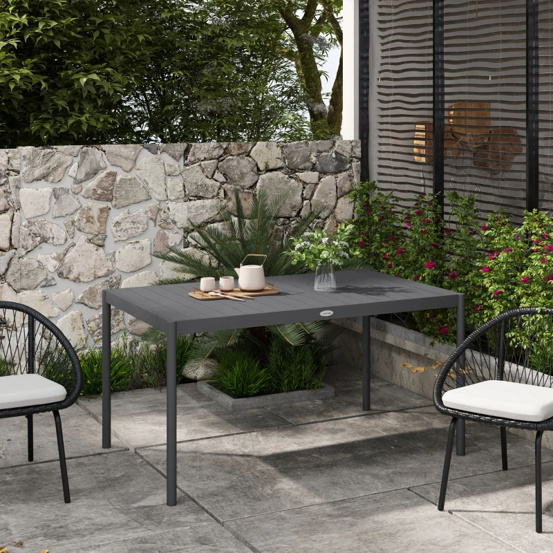 Outsunny Masă de Grădină cu Lamele, Dimensiuni 145x90 cm, Masă de Dining pentru 6 Persoane, Rectangulară, din Aluminiu și Oțel, pentru Curte, Terasă, Balcon și Exterior, Gri Închis