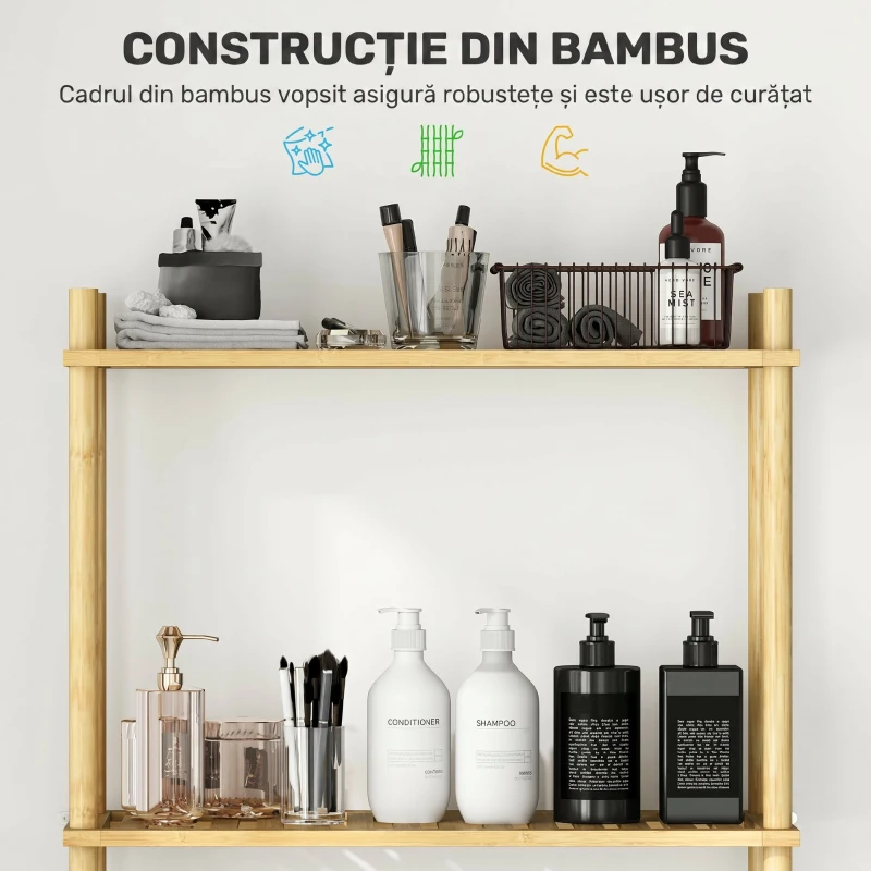 HOMCOM Dulap deasupra WC-ului cu 3 rafturi cu lamele economisitoare de spațiu din bambus, 63,5x25,5x181 cm, culoare lemn