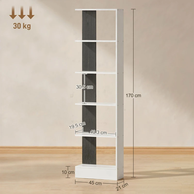 HOMCOM Bibliotecă Modernă Economisitoare de Spațiu cu 5 Rafturi din Lemn 45x21x170 cm, Alb și Negru