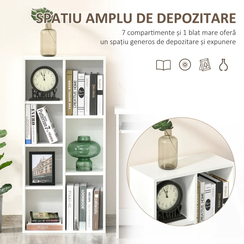 HOMCOM Bibliotecă modernă cu design cubic, cu 7 rafturi din PAL, 50x24x106 cm, albă(m-8)