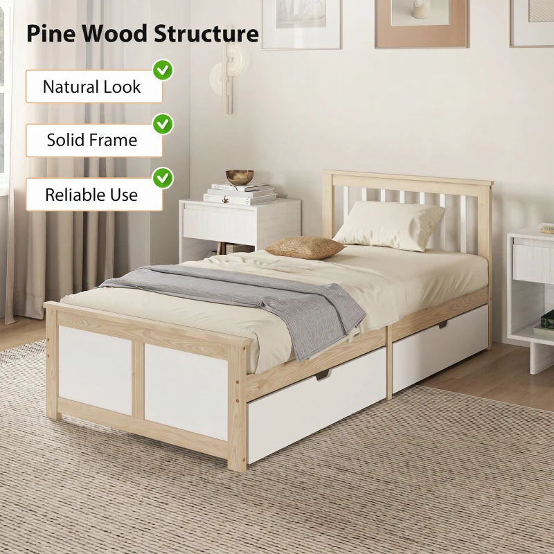 HOMCOM Pine Storage Bed, 3ft Single Solid Wooden Bed Frame with Drawers, Headboard, Wood Slat Support, Natural Wood Finish