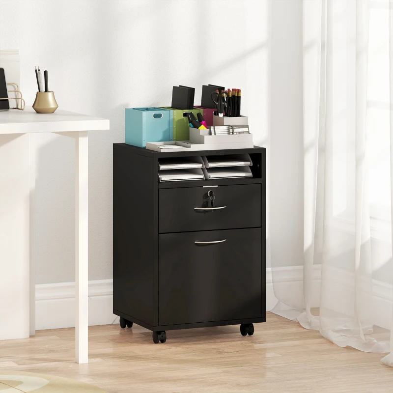 HOMCOM Mobiletto da Ufficio in Legno con Ripiano Aperto, Cassetto con Serratura e Armadietto, 40x35x60 cm, Nero