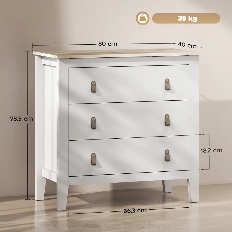 HOMCOM Comodă pentru dormitor cu 3 sertare și mânere din piele sintetică, 80x40x78,5 cm, albă