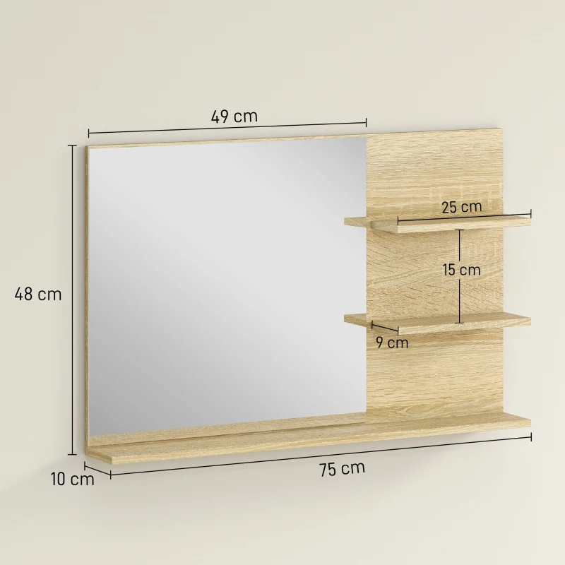 kleankin Oglindă Baie Modernă cu 2 Rafturi Laterale și Raft Inferior, din Lemn și Sticlă, 75 x 10 x 48 cm, Culoare Lemn