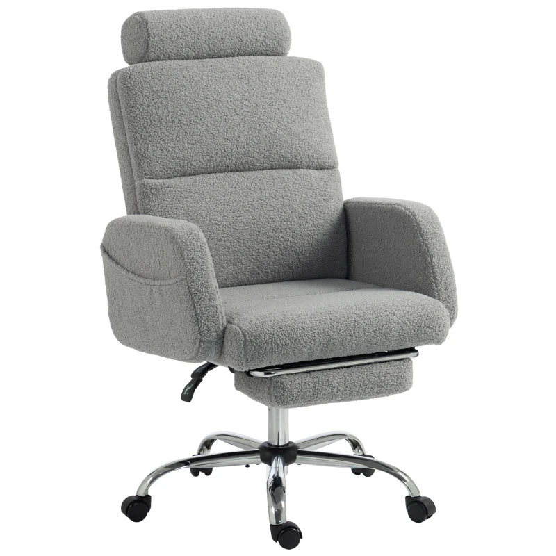HOMCOM Silla de Escritorio con Reposapiés Tapizada en Borreguito con Respaldo Reclinable Reposacabezas Ajustable Gris Claro