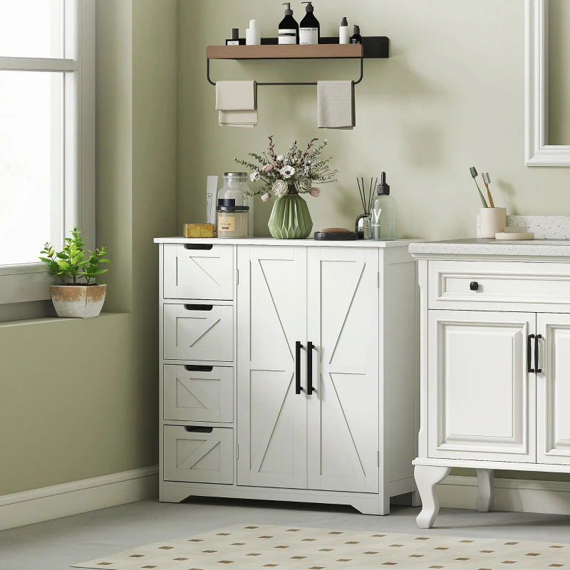 HOMCOM Meuble de salle de bain, meuble de rangement, avec 4 tiroirs, 1 placard, pour petits espaces, 81,2 x 30 x 83,8 cm, blanc
