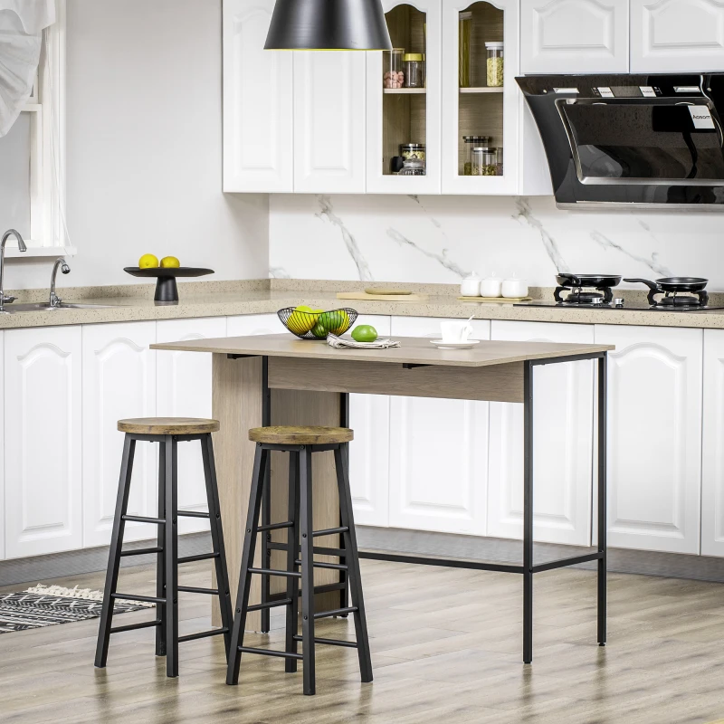 HOMCOM Ilot centra table de bar plateau latéral  rabattable et 3 étagères 120 x 76 x 91,4 cm gris clair