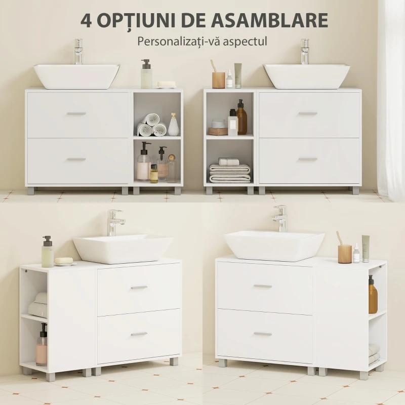 HOMCOM Dulap pentru baia de sub chiuvetă, cu 2 sertare și rafturi deschise, din lemn, 90x30x60 cm, alb