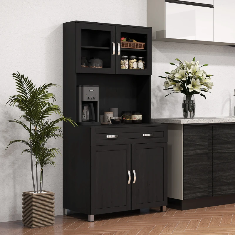 HOMCOM Buffet haut cuisine, armoire de cuisine avec 4 portes, tiroir, plan de travail, étagères réglables, 80x48x170cm, noir