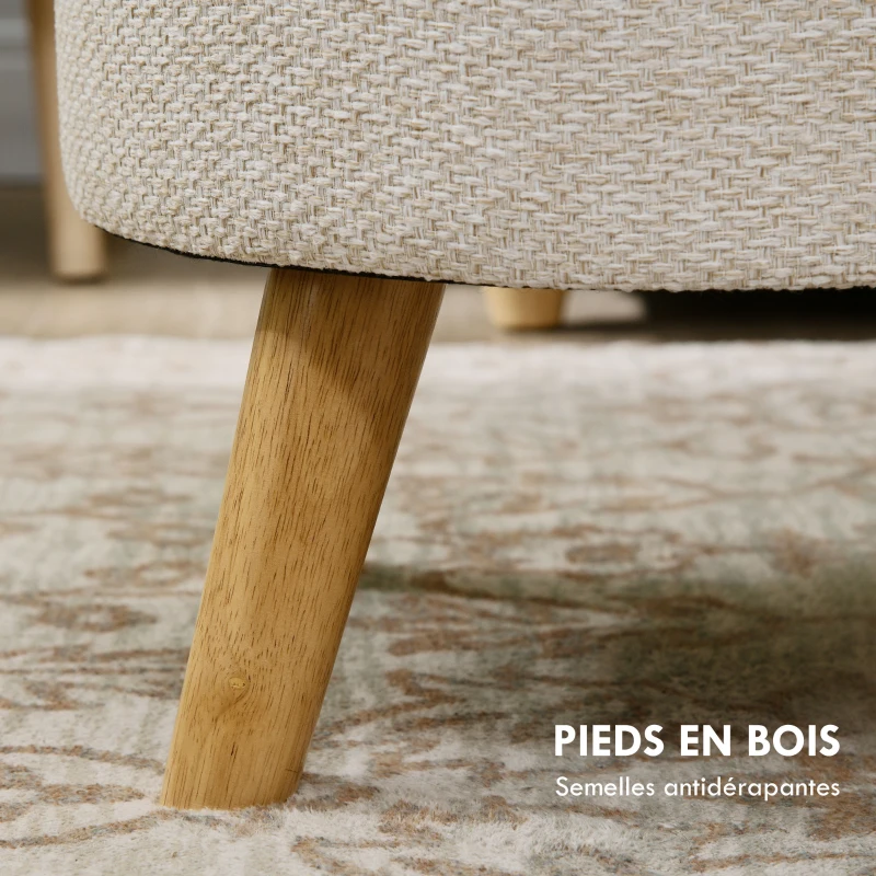 HOMCOM Pouf rond repose-pieds tabouret avec coffre de rangement pieds en bois design moderne crème