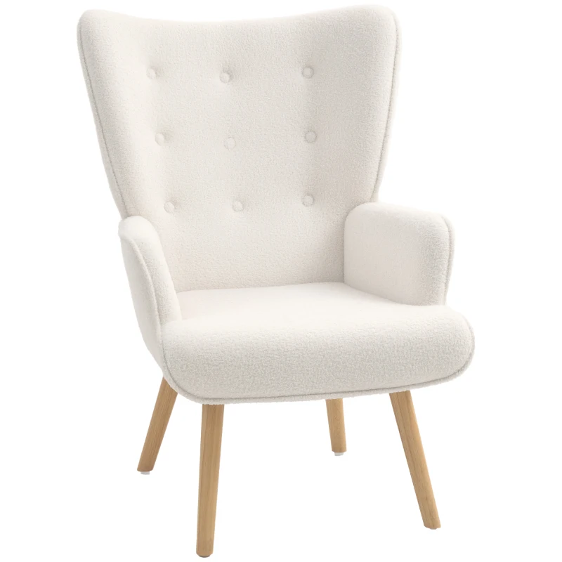 HOMCOM Fauteuil de salon en tissu bouclette, fauteuil capitonné et rembourré avec pieds en bois, 71 x 74 x 96 cm, beige