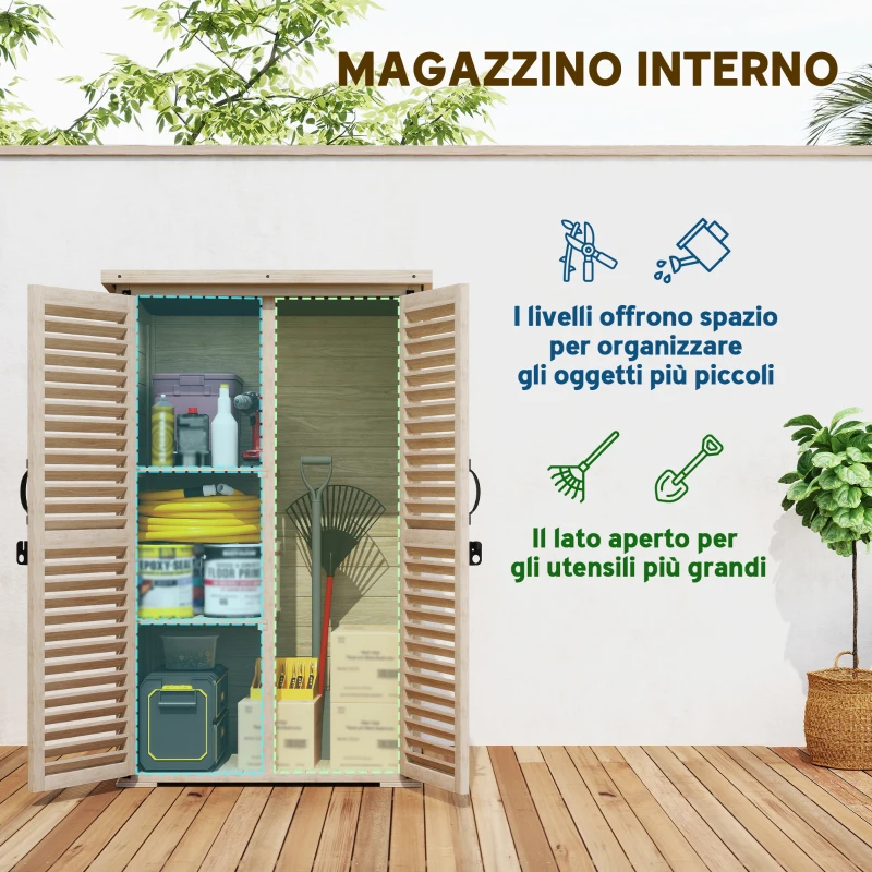 Outsunny Armadio da Esterno Portaoggetti a 2 Ripiani con Picchetti, in Legno di Abete, 75x50x111/118 cm