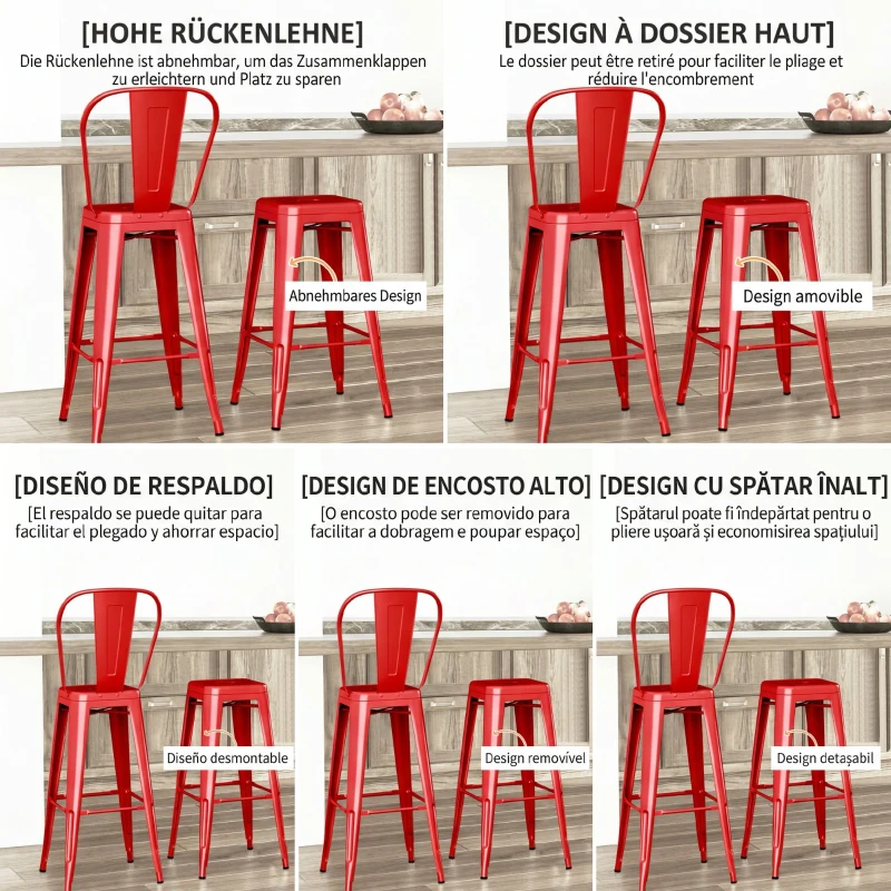 HOMCOM, Set 2 Taburete de Bucătărie, Spătar Detașabil și Reazem pentru Picioare, din Metal, 44x46x116 cm, Roșu