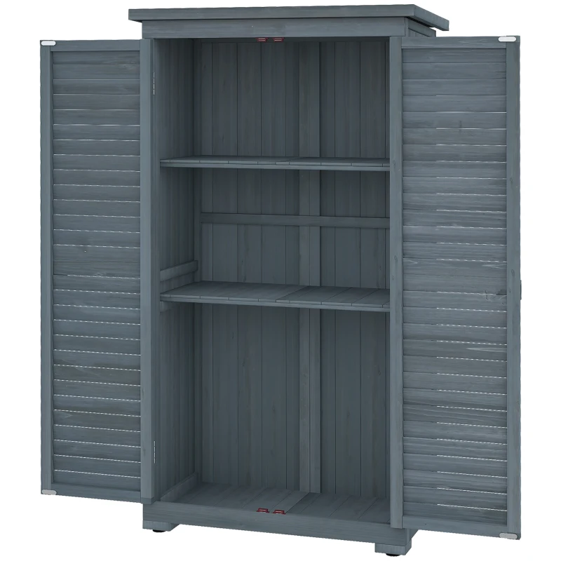 Outsunny Dulap de Exterior din Lemn cu 2 Uși Tip Jaluzea și Rafturi Interne, 87x46.5x160 cm, Gri