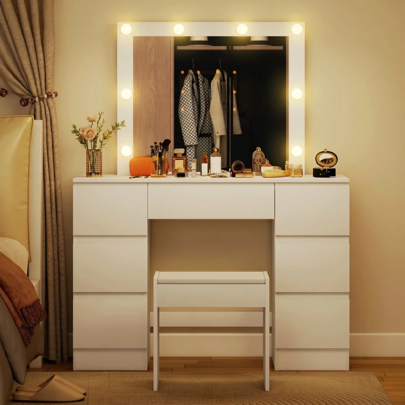 HOMCOM Masă de Toaletă pentru Machiaj cu Oglindă, Design Hollywood, 8 Lămpi LED, 7 Sertare și Taburet Tapițat, Alb