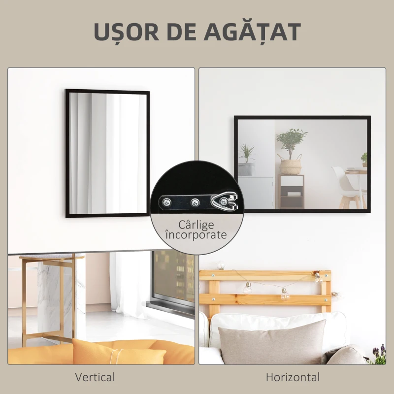 HOMCOM Oglindă de Perete Dreptunghiulară cu Cârlige, din Sticlă și MDF, 50x70 cm, Negru