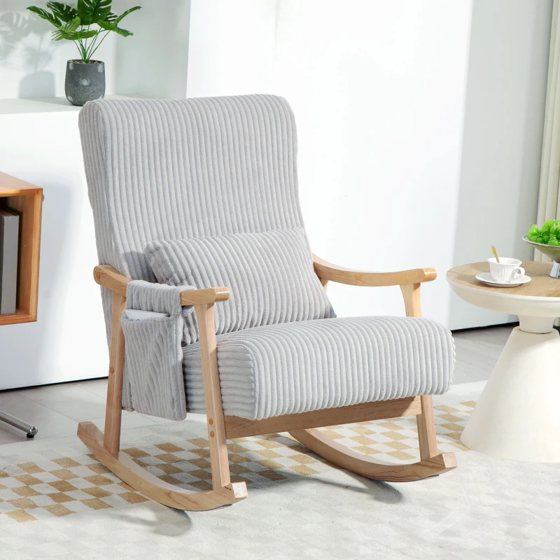 HOMCOM Poltrona Baloiço Moderna em Veludo Cotelê com Apoio para os Braços Almofada Lombar e Bolso Poltrona de Amamentação 65x90x98 cm Cinza