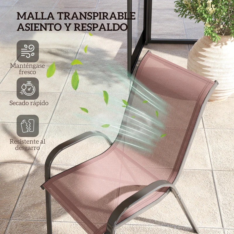 Outsunny Set de 4 Sillas de Exterior Apilables Asiento de Malla Respaldo Alto y Marco de Acero para Jardín Marrón Oscuro y Negro