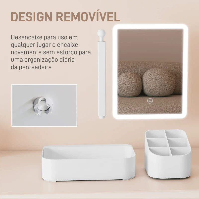 HOMCOM Espelho de Maquilhagem com Luz LED Espelho de Toucador Recarregável com 2 Modos de Iluminação Rotação de 180° 22x13,8x38 cm Branco