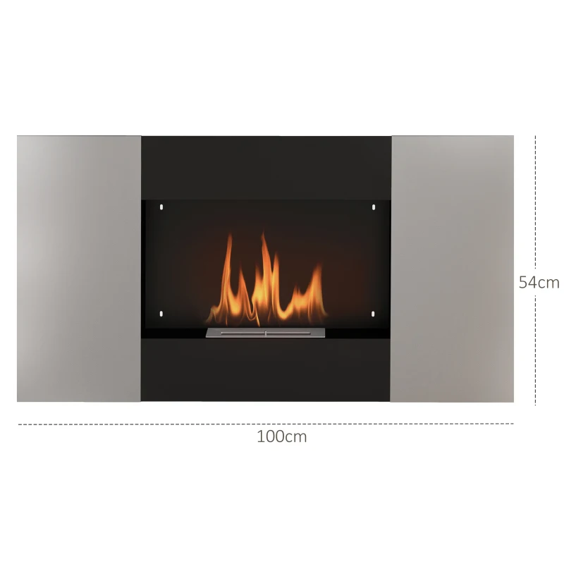 HOMCOM Șemineu Bioetanol 0,9L de Perete din Oțel Inoxidabil, 100x15x54 cm, Negru și Argintiu