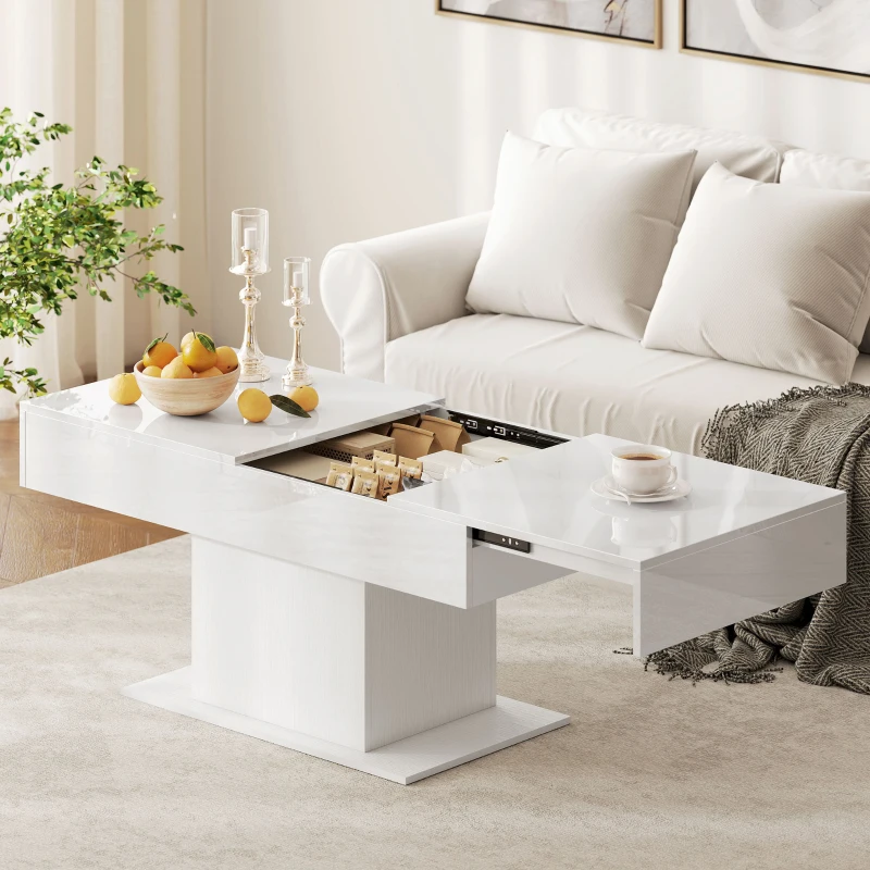 HOMCOM Tavolino da Caffè Estensibile con Vano Contenitore Moderno, 108-178.5x53x49 cm, Bianco Lucido