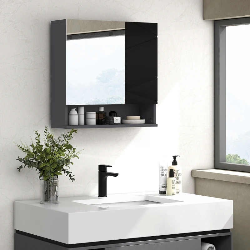 kleankin Dulap cu Oglindă pentru Baie cu 2 Uși și Rafturi Reglabile din Lemn, 55x17x55cm, Negru