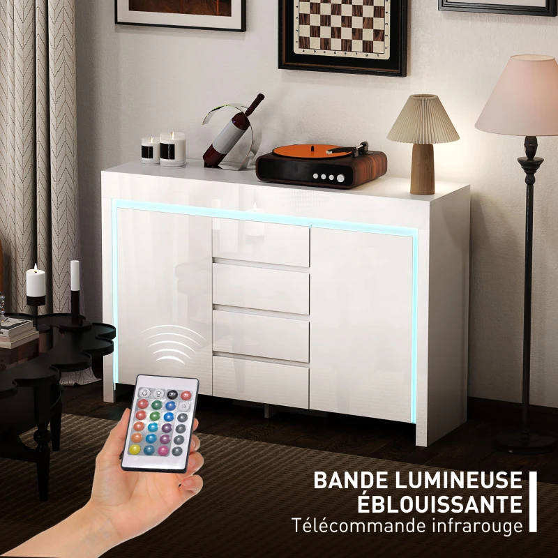 HOMCOM Buffet salon, meuble de rangement avec éclairage LED 4 tiroirs portes à fermeture douce 120 x 34 x 80 cm, blanc brillant