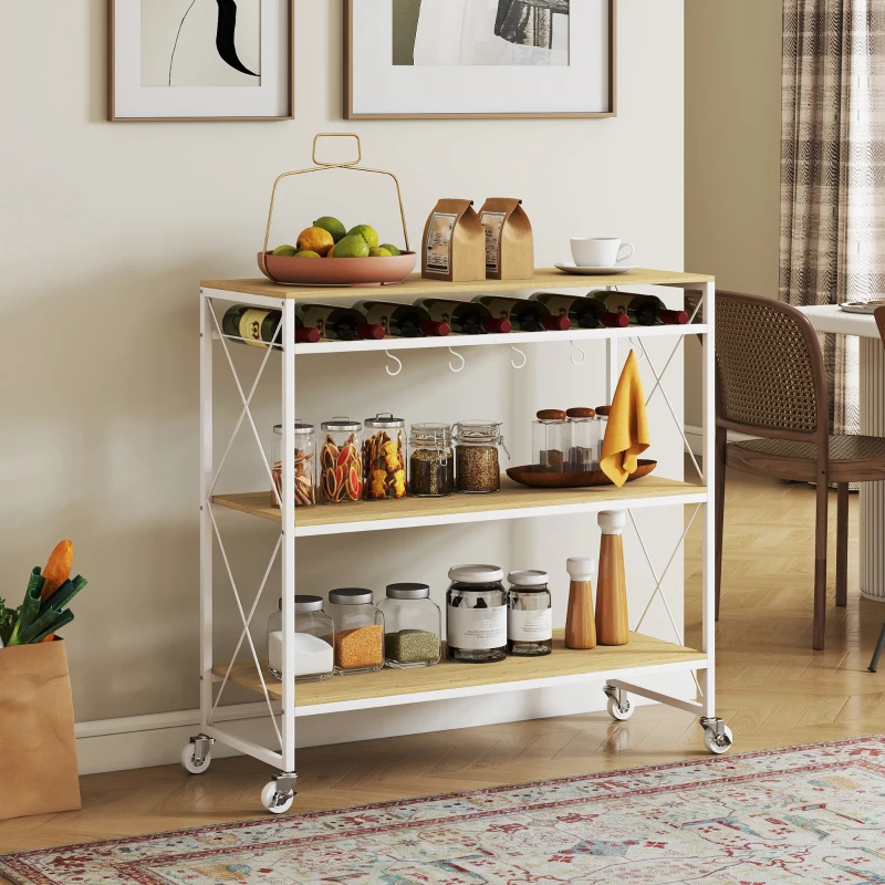 HOMCOM Carrello Portavivande a 4 Livelli con Portabottiglie e 5 Ganci Rimovibili, in Legno e Metallo, 96.5x38x96.7 cm