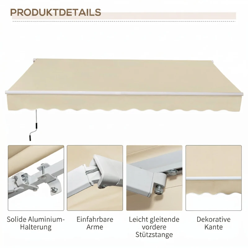 Outsunny Copertină de Soare pentru Exterior Retractabilă cu Manivelă, 350x250 cm, Crem