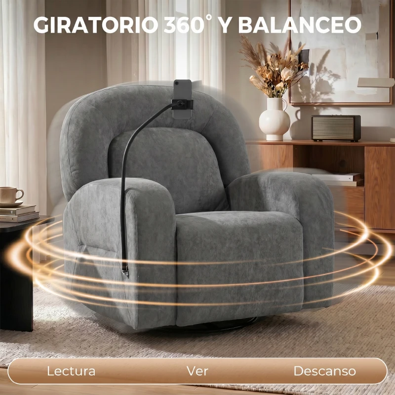 HOMCOM Sillón Relax Reclinable 3 en 1 con Función Mecedora Giratorio 360° Soporte para Teléfono Asiento Amplio Gris