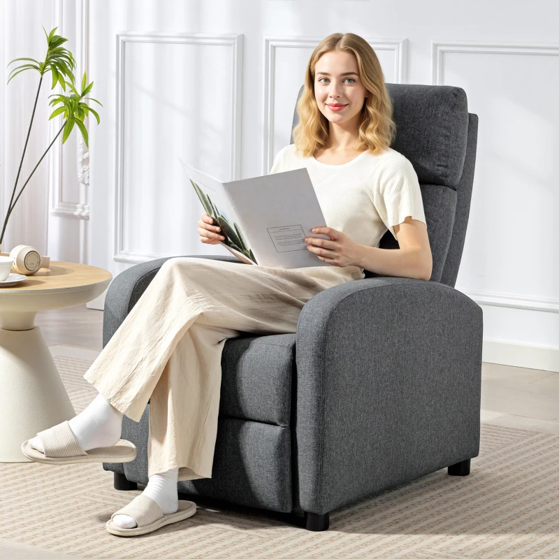HOMCOM Fotoliu Relax Capitovat și Reclinabil la 135° cu Suport pentru Picioare din Material Textil, 69x87x100,5 cm, Gri